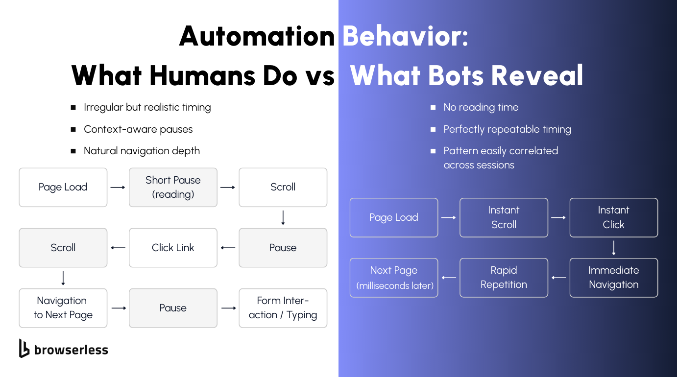 Flow comparison showing natural human browsing with pauses and reading time versus bot behavior with instant scrolling and repeatable timing