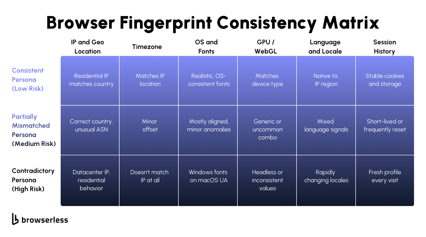 Matrix comparing consistent, partially mismatched, and contradictory browser personas across IP, timezone, fonts, GPU, language, and session history