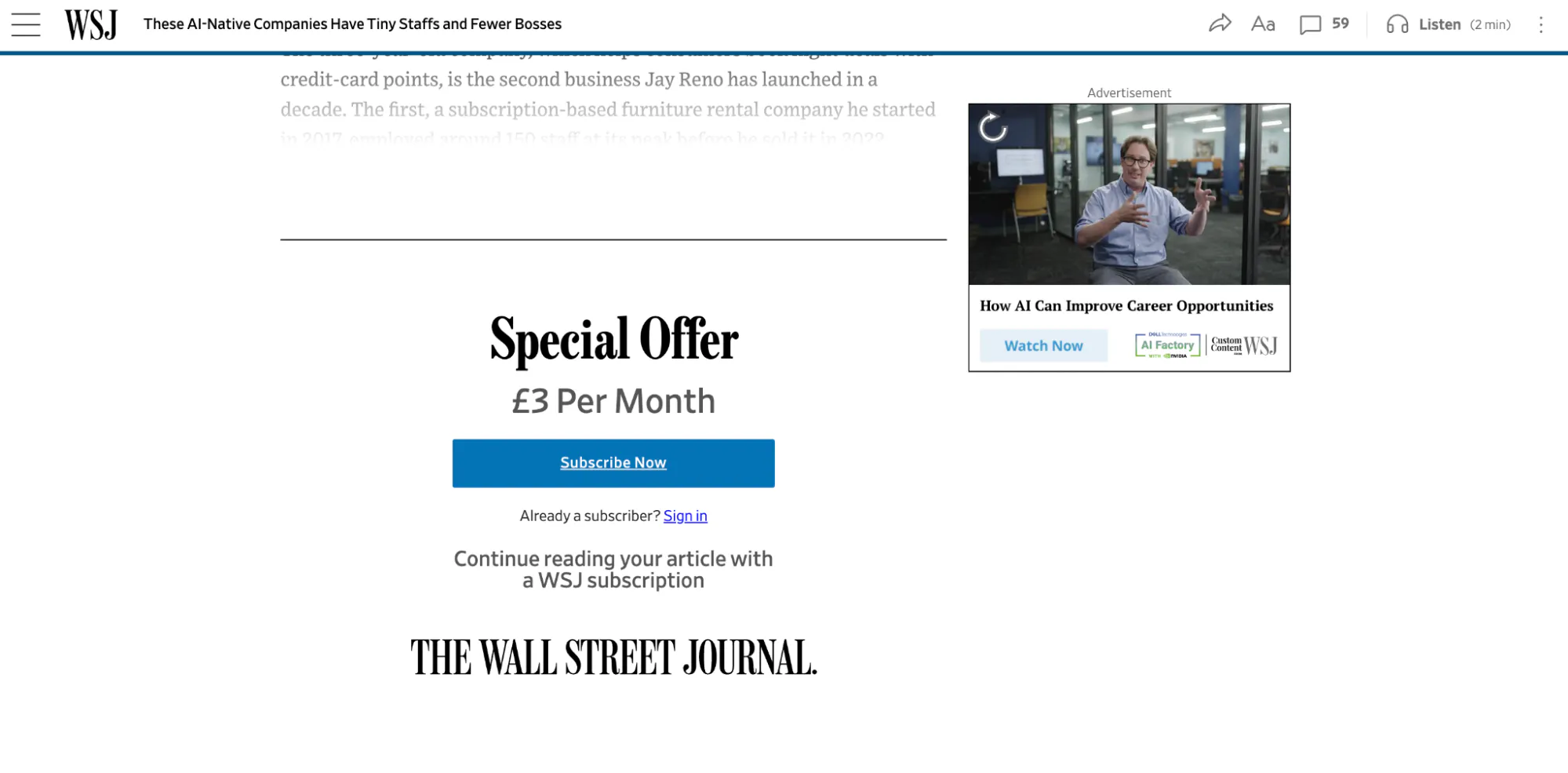 Wall Street Journal subscription login wall blocking article content, an example of anti-scraping through login walls