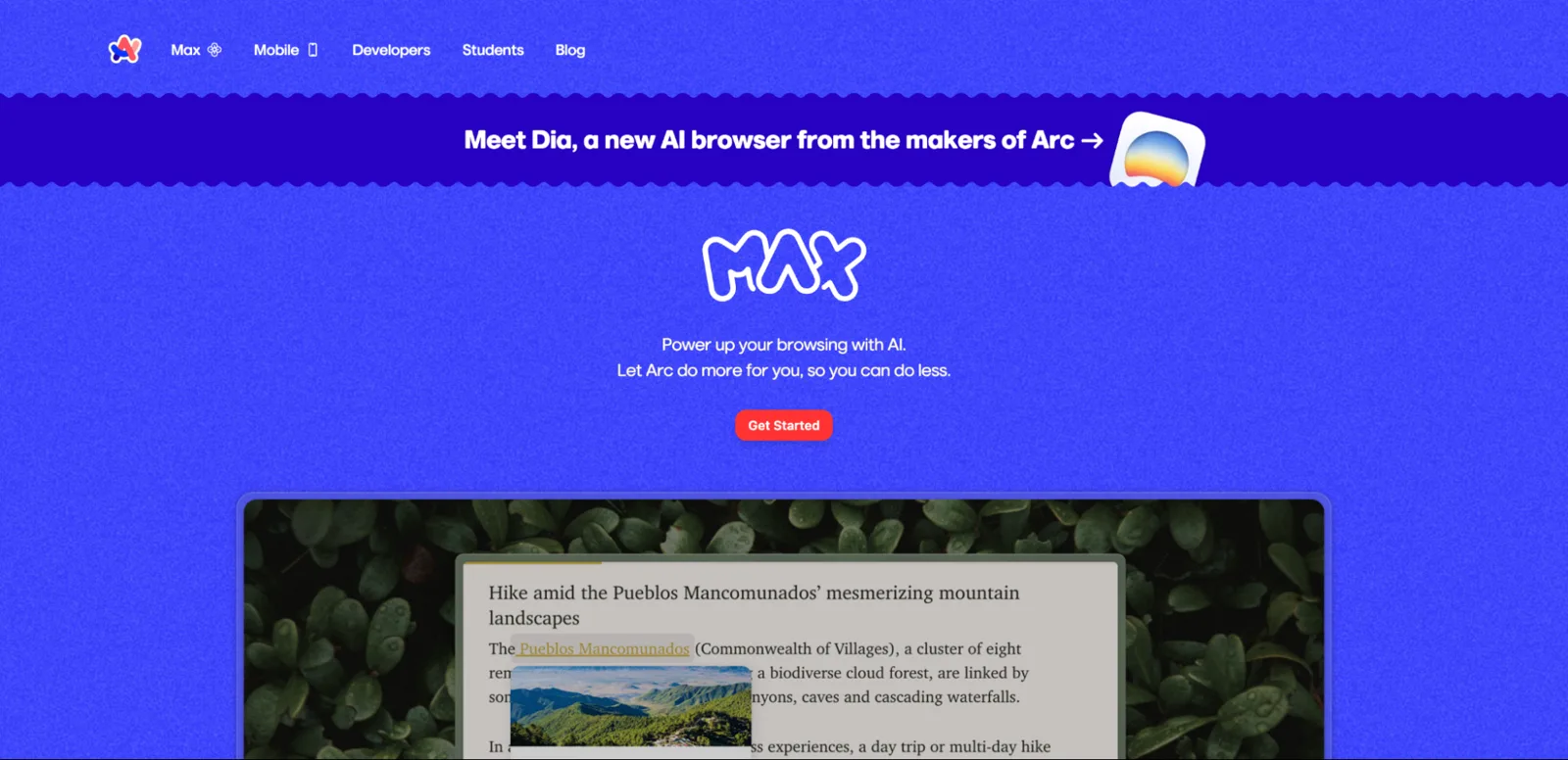 Arc Max page describing the opt-in AI features layered into the Arc browser
