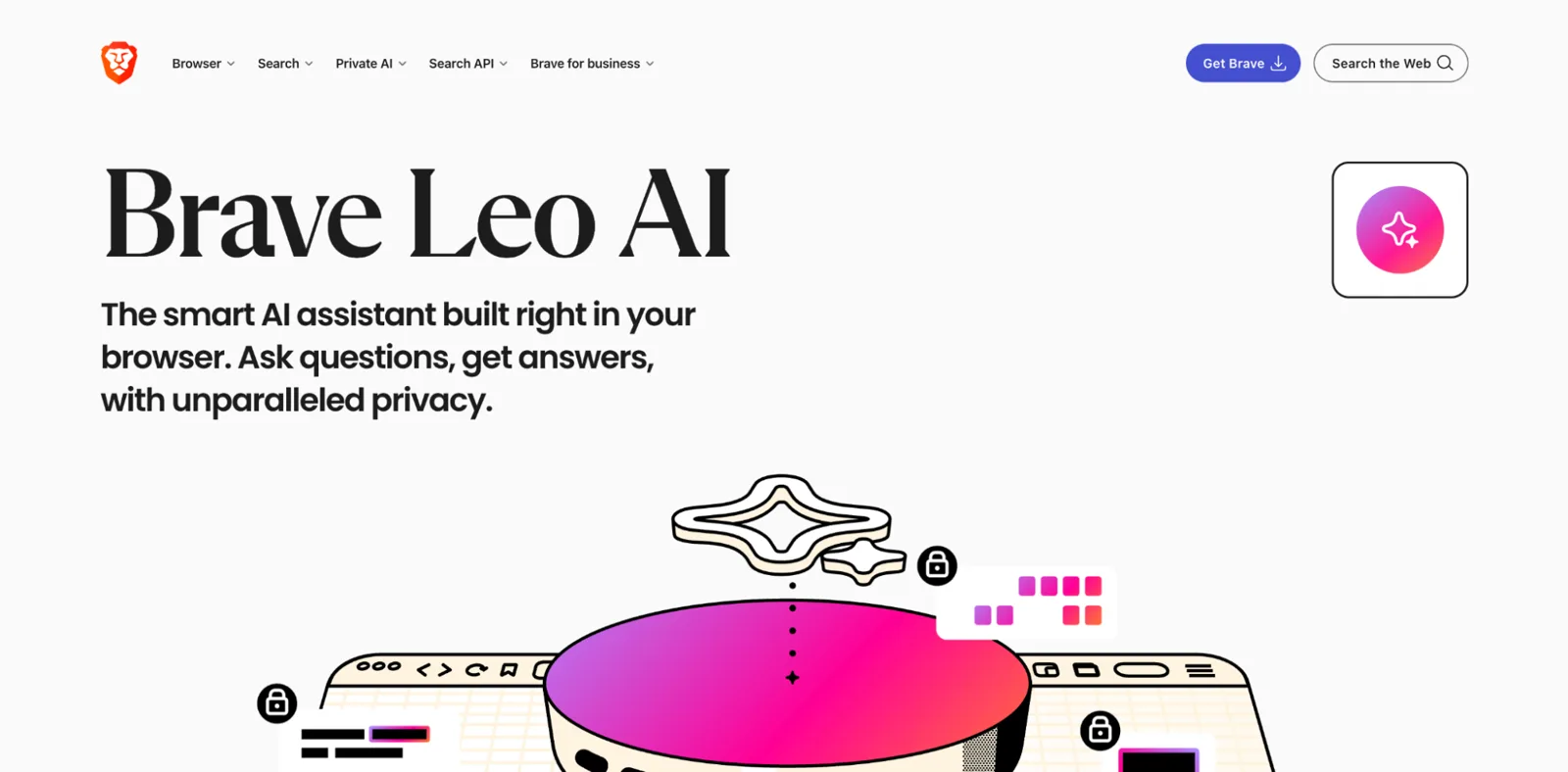 Brave Leo homepage showing the privacy-preserving AI assistant built into the Brave browser