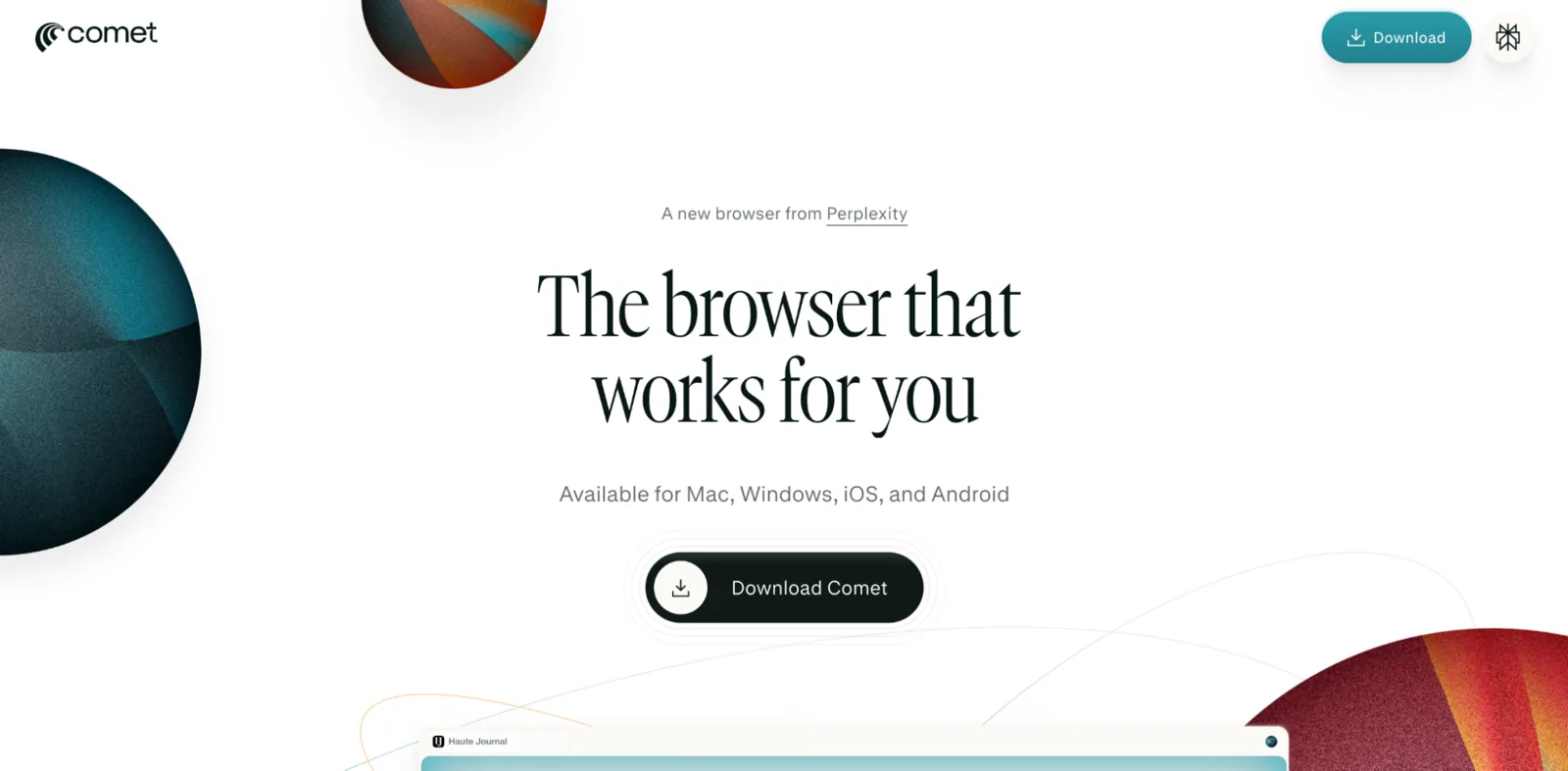 Perplexity Comet homepage with the tagline "The browser that works for you" and a download button for Mac, Windows, iOS, and Android