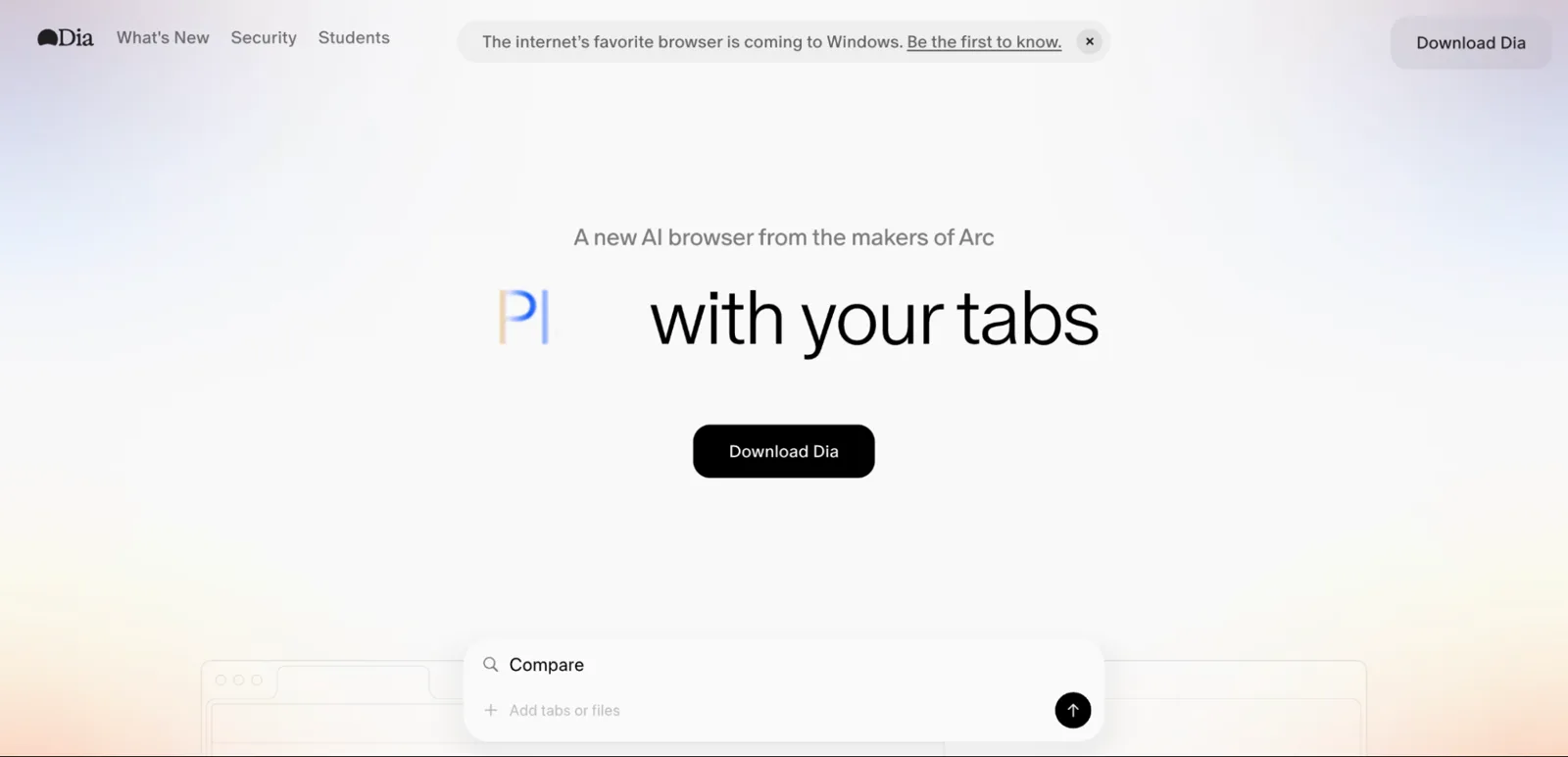 Dia browser homepage from The Browser Company, positioning Dia as an AI browser for chatting with your tabs