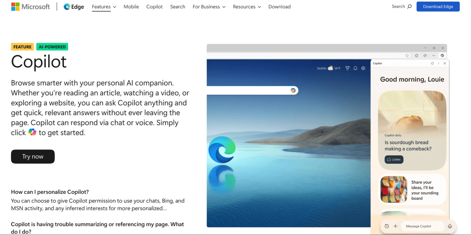 Microsoft Edge Copilot feature page showing the Copilot assistant built into the Edge browser