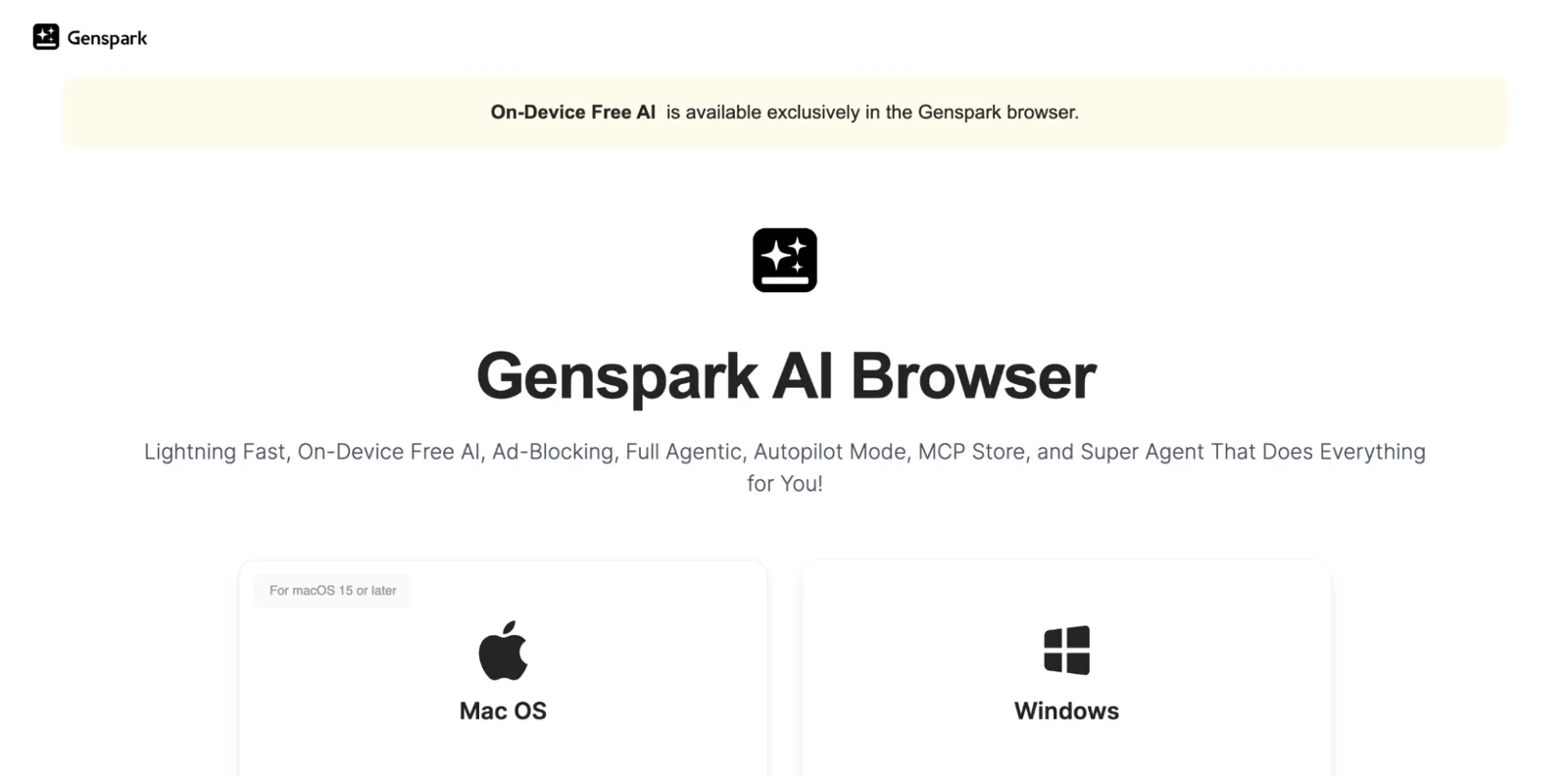 Genspark AI browser homepage highlighting on-device AI models and autopilot agent modes