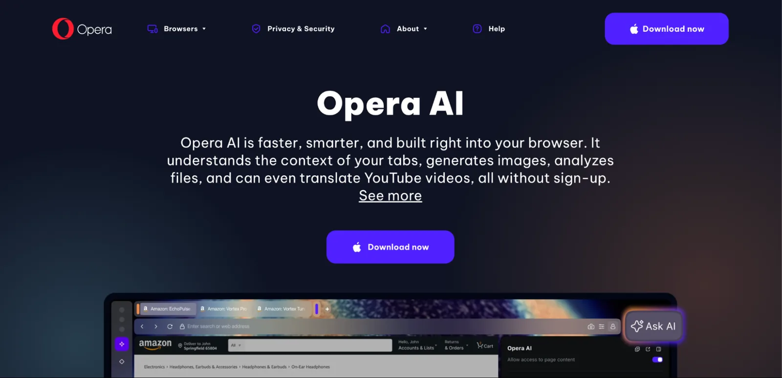 Opera browser AI page introducing Opera AI, the free built-in browser AI with real-time web access