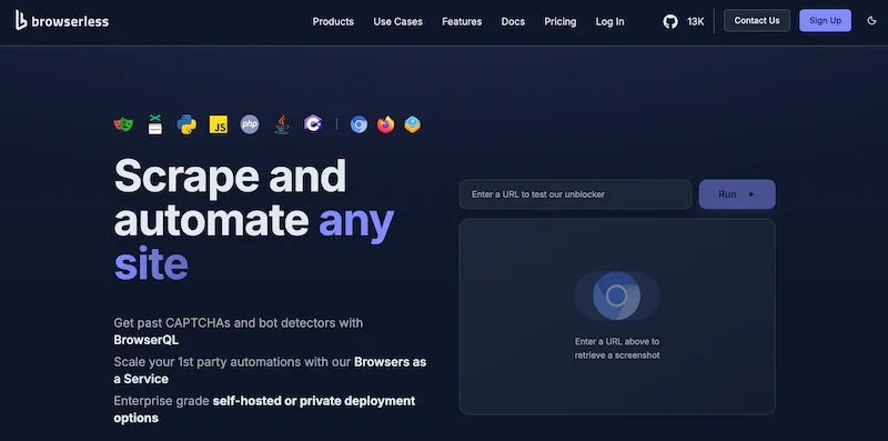 Browserless homepage showing the unblocker test input alongside BrowserQL, Browsers as a Service, and self-hosted options