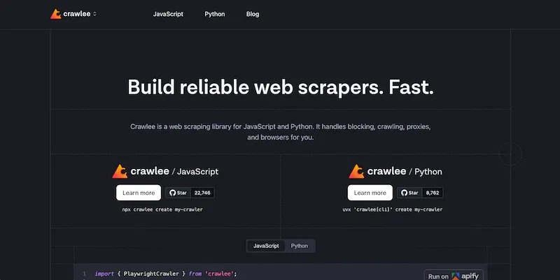 Crawlee homepage showing its JavaScript and Python web scraping libraries that handle blocking, crawling, and proxies