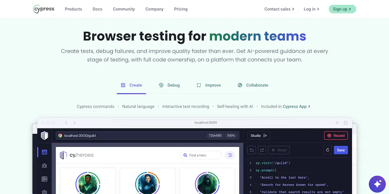Cypress homepage showing browser testing for modern teams with its interactive test runner