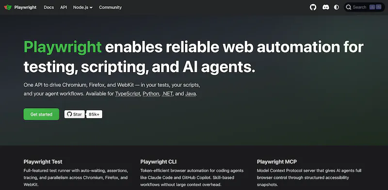 Playwright homepage describing reliable web automation for testing, scripting, and AI agents across Chromium, Firefox, and WebKit