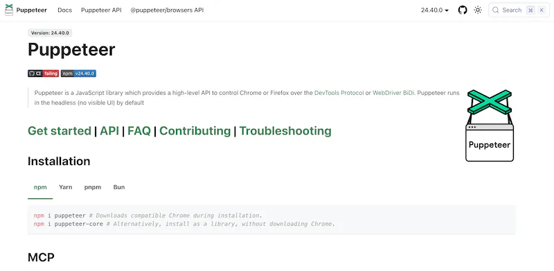 Puppeteer documentation homepage showing the JavaScript library for controlling Chrome or Firefox over the DevTools Protocol