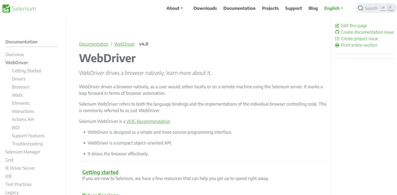 Selenium WebDriver documentation page explaining that WebDriver drives a browser natively as a user would