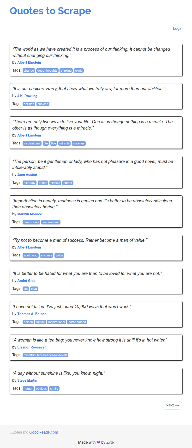 Full-page screenshot of quotes.toscrape.com/js captured with the Browserless screenshot API