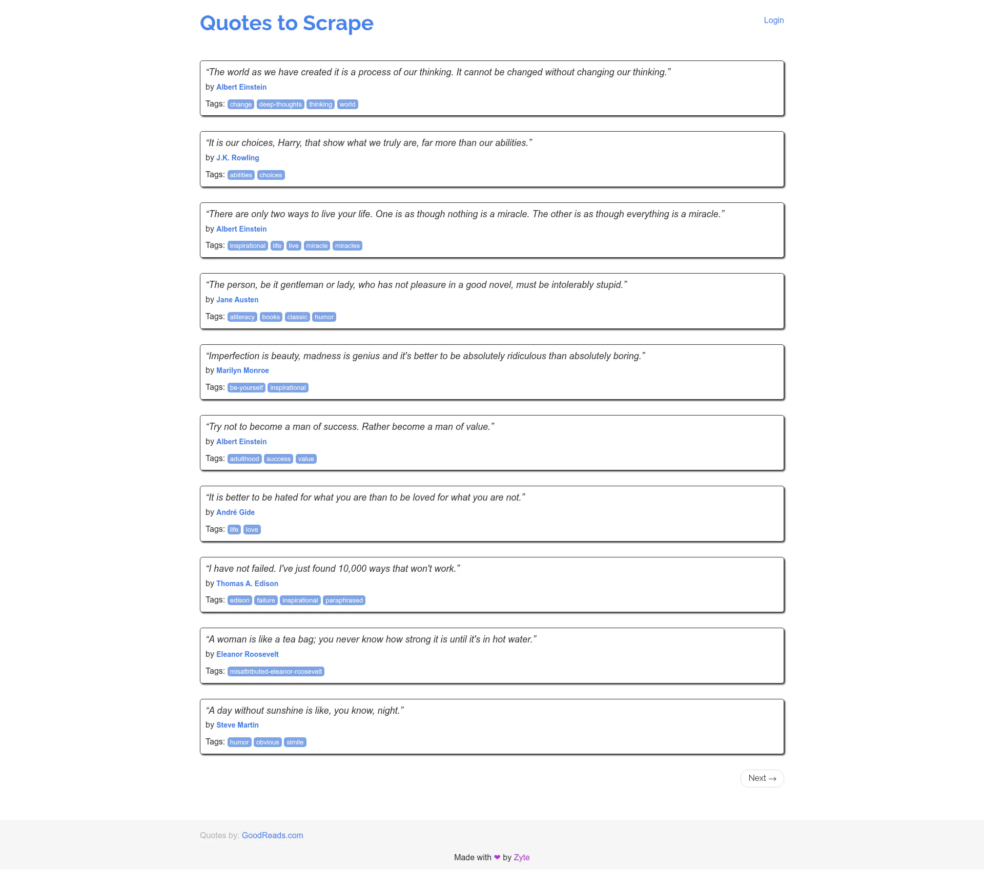 Full-page screenshot of quotes.toscrape.com/js captured with the ScreenshotOne screenshot API