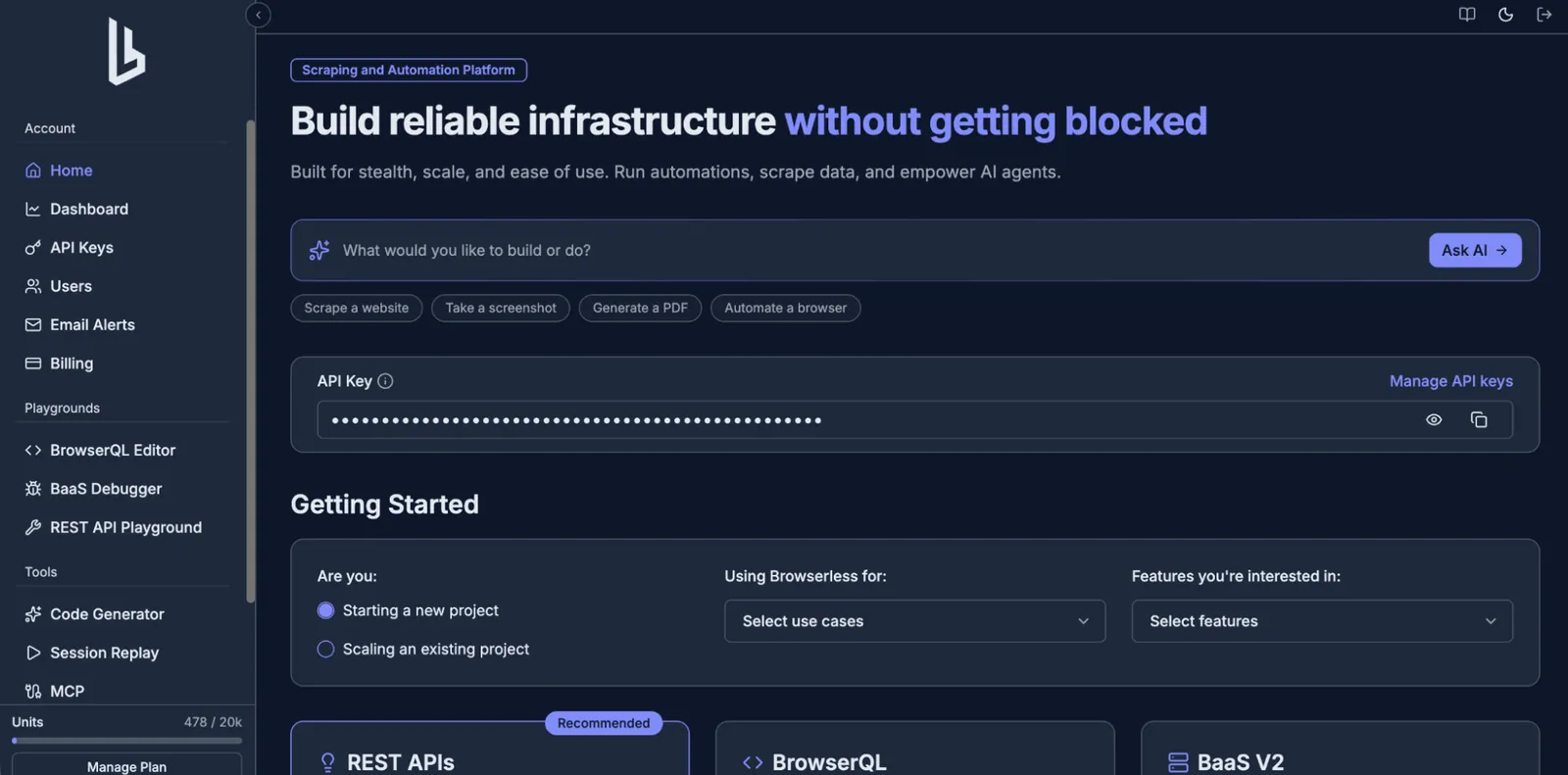 Browserless web scraping API dashboard