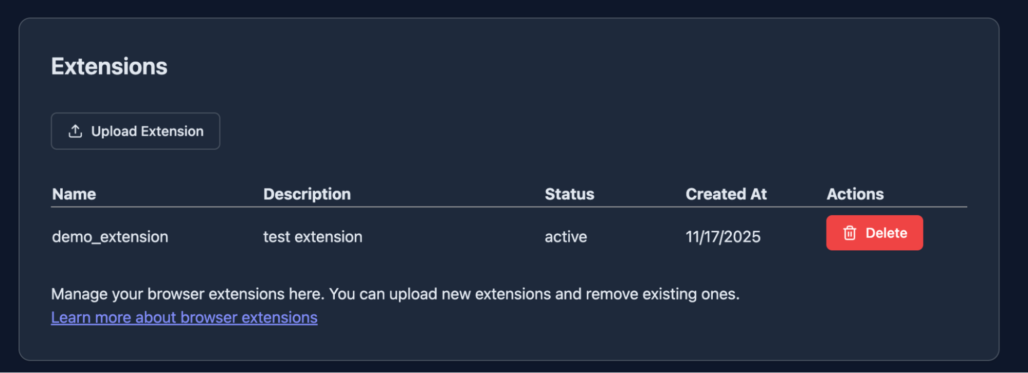 Screenshot of the Browserless extensions dashboard displaying an uploaded extension, its status, creation date, and management actions.