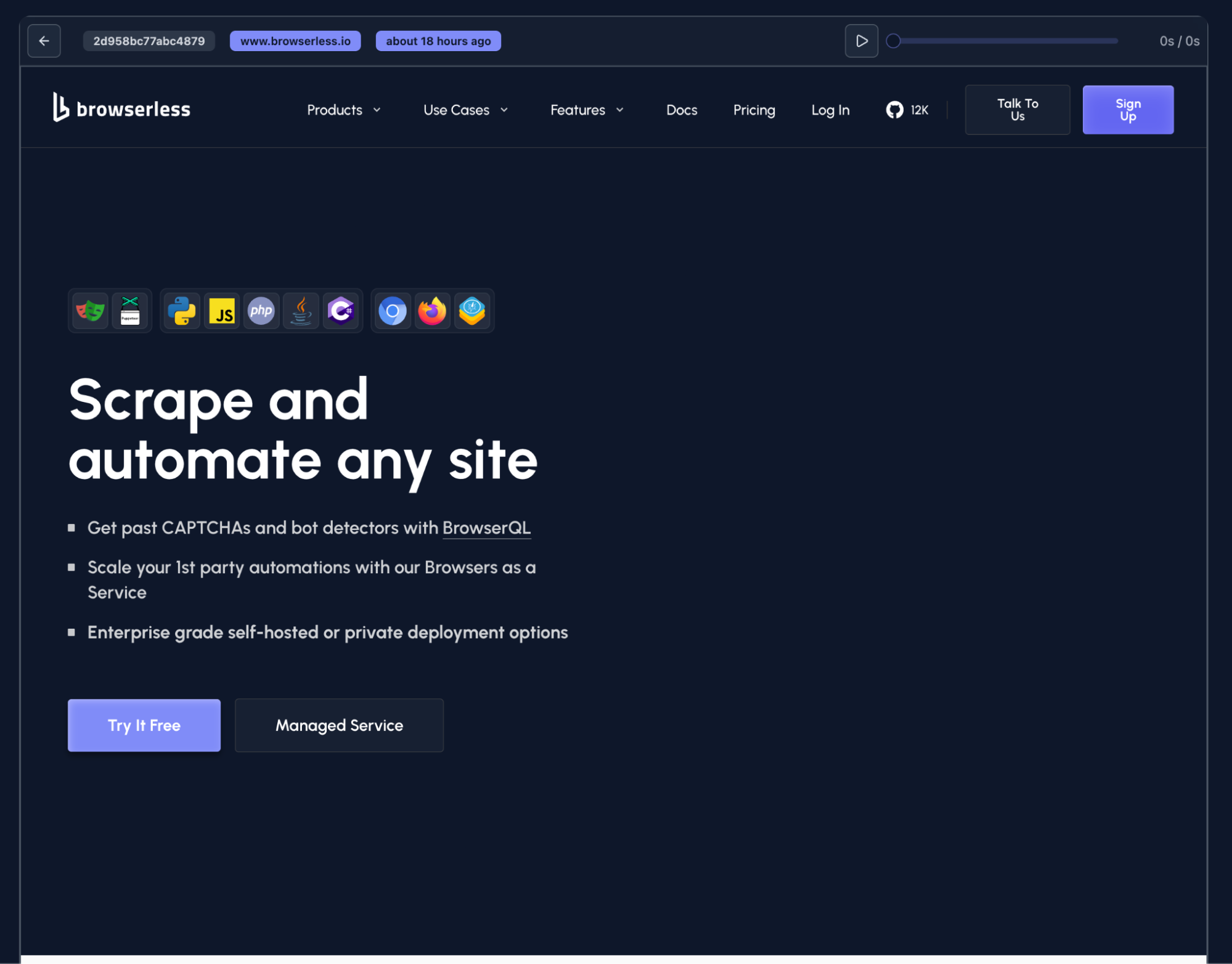 Screenshot of the Browserless session dashboard showing a running session preview with navigation bar, controls, and site automation interface.