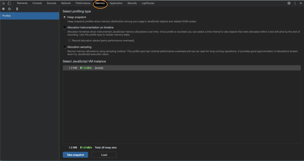 screenshot showing where the Memory tab is