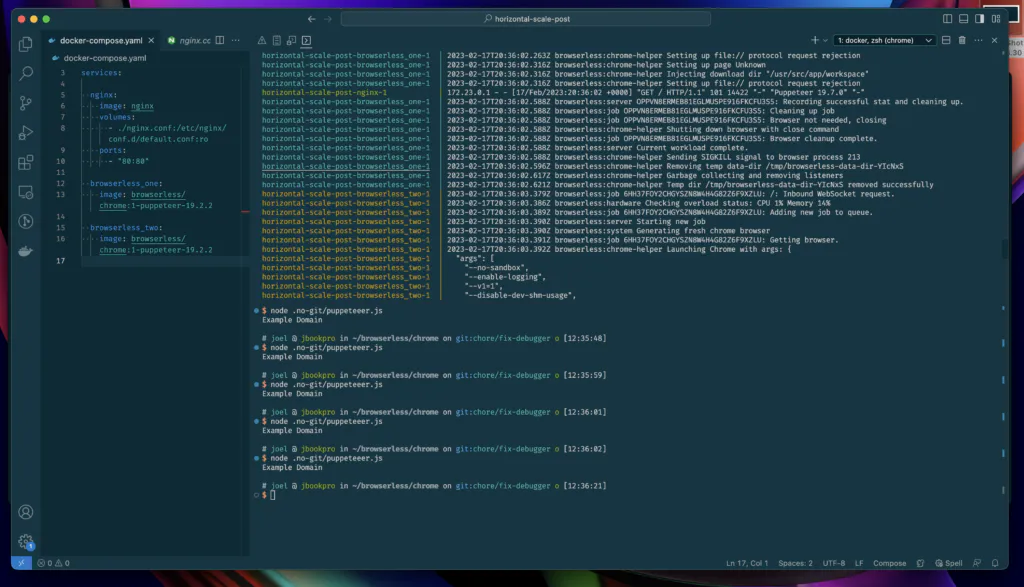 scaling puppeteer and chrome docker logs browserless from two different containers