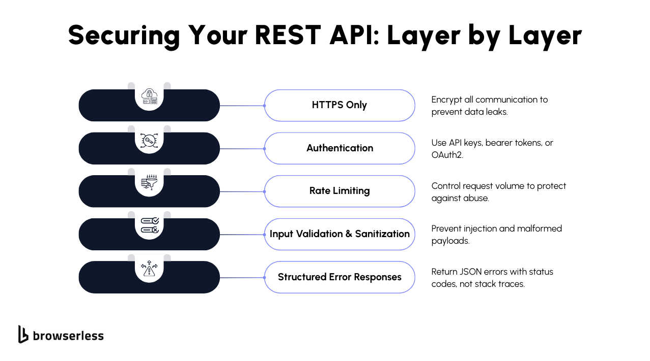 Securing Your REST API Layer by Layer including HTTPS, authentication, rate limiting, input validation, and structured error responses