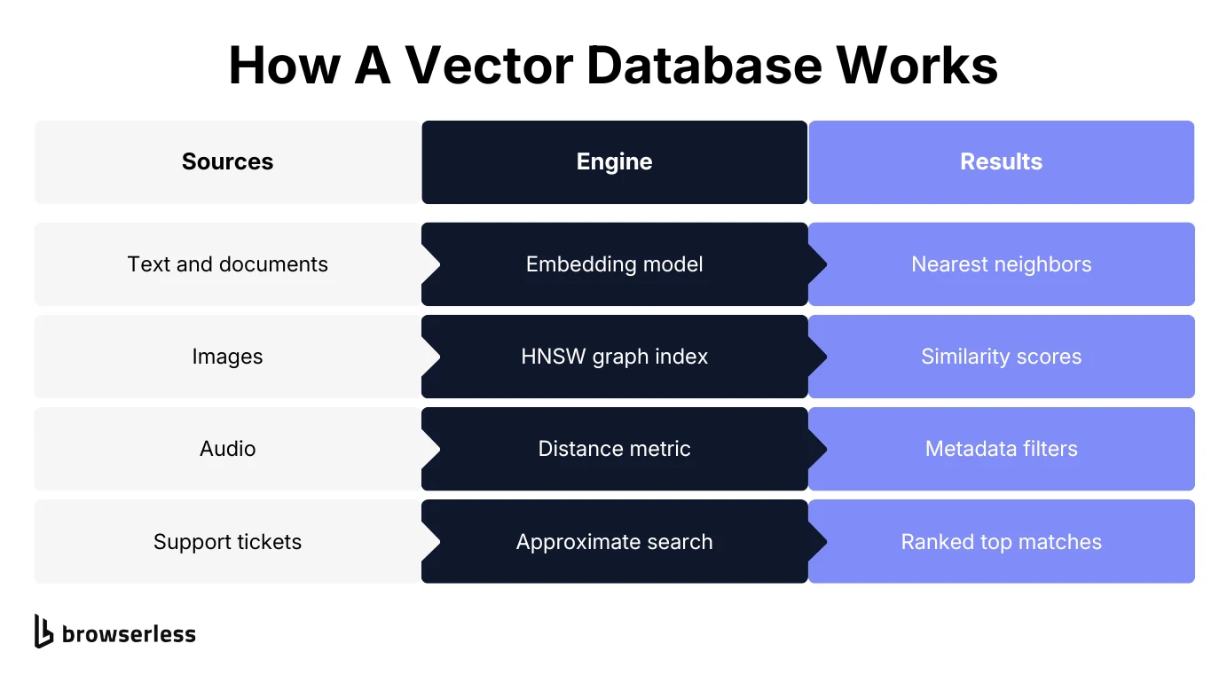 How a vector database works: content passes through an embedding model, an HNSW index, and a distance metric to return ranked nearest-neighbor matches