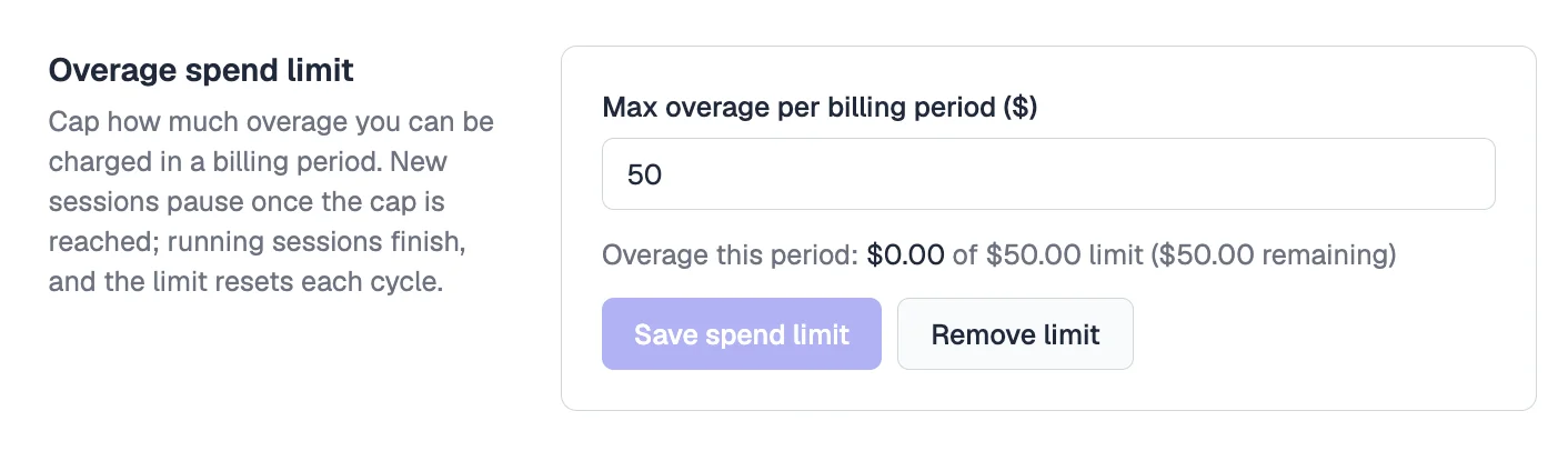 The Overage spend limit setting in account settings, with a $50 cap and current overage shown against it