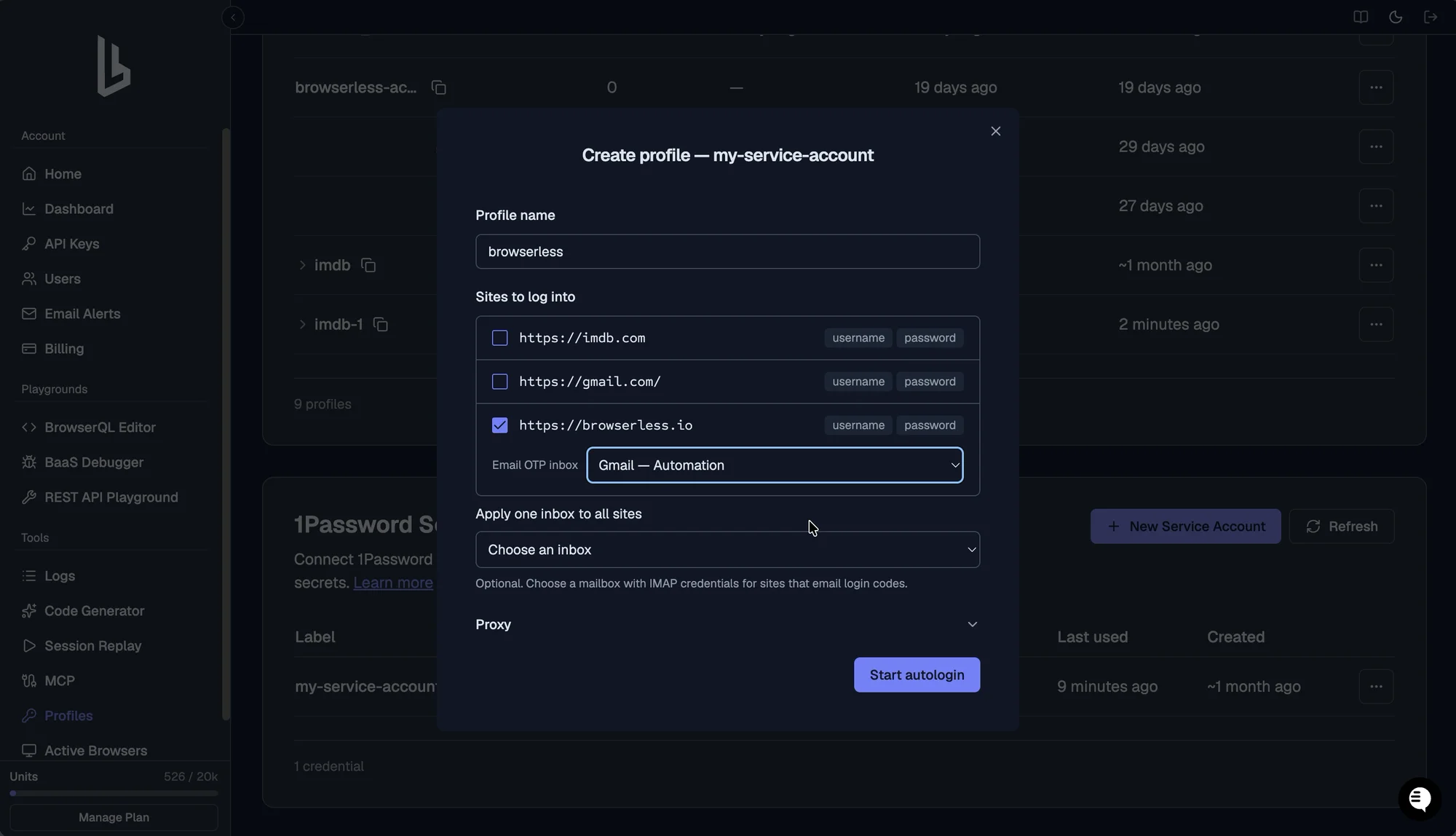 The Create profile dialog for a 1Password service account, with an Email OTP inbox selected for a site