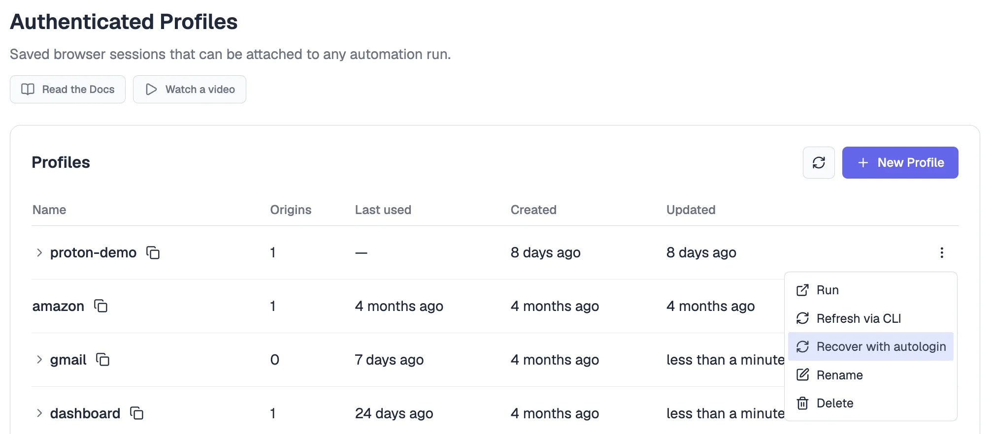 The Authenticated Profiles table with a profile's menu open, showing the Recover with autologin option